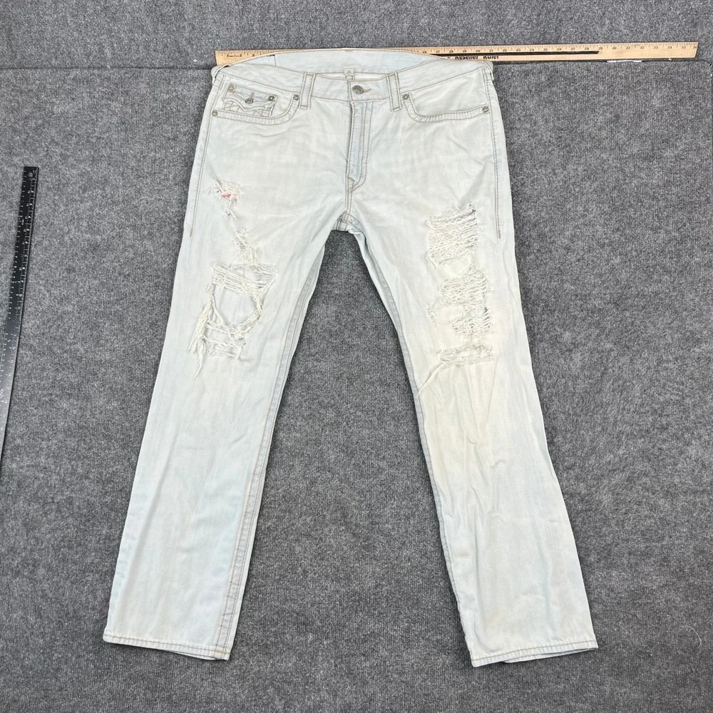 True Religion Jeans Mens Size 40 Light Wash Straight Distressed Cotton Denim